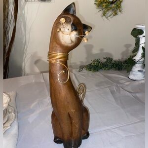 Handcrafted Wooden Cat Figurine Vintage Sculpture with Metal Spring Tail HG 99